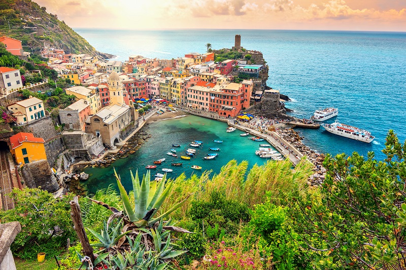 Panorama of Vernazza and suspended garden, Cinque Terre National Park, Liguria, Italy