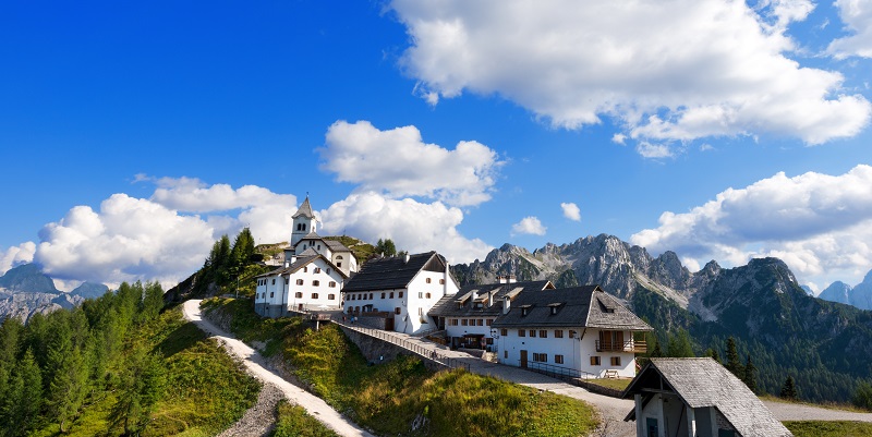 Panoramic view of the ancient village of Monte Lussari in the Italian Alps of Tarvisio, Friuli-Venezia Giulia, Italy
