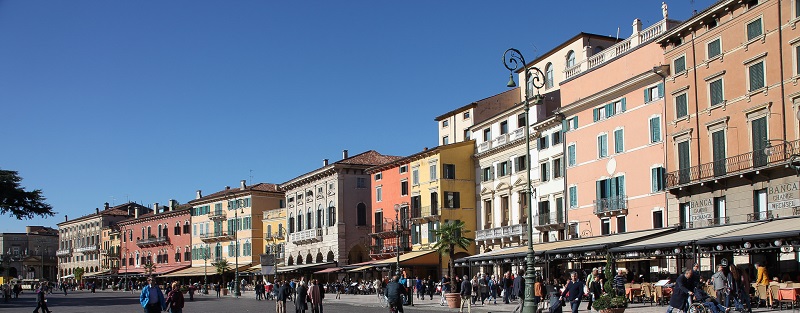 Houses line the street in the city of Verona, Veneto, Italy
